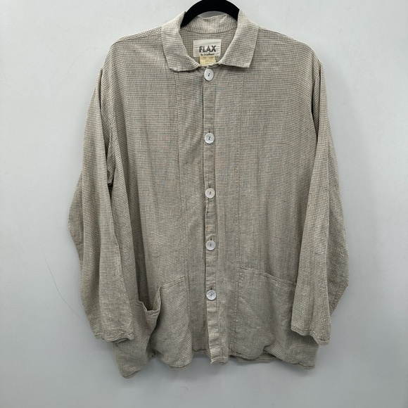 FLAX M 100% LINEN grey gingham pearl button lagenlook boho oversized jacket - Picture 1 of 10